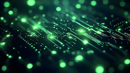 Poster - Abstract digital background with glowing green lights and circuit patterns, ideal for technology and innovation themes.
