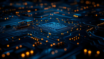 Poster - Close-up of a futuristic circuit board with glowing lights, representing advanced technology and digital innovation.