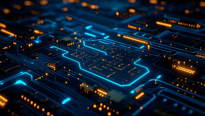 Poster - Futuristic circuit board with glowing blue and orange lights, showcasing intricate details of electronic technology.