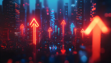 Poster - Futuristic cityscape with glowing red and blue arrows, representing growth and progress in a digital world.