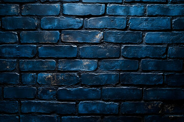 Textured blue brick wall background in a dark setting, ideal for urban-themed designs, photography, or artwork.