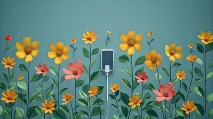 Green energy and clean technology concept illustration. Smartphone plugged into power output depicting as plant growing flourishing full of flower at spring