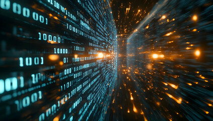 Poster - Abstract data flow with binary code, representing digital transformation and technology advancement in a modern, futuristic world.