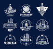 © Vlad Klok - Vector vintage vodka logo isolated on a dark blue background. Distilling business branding and identity design elements