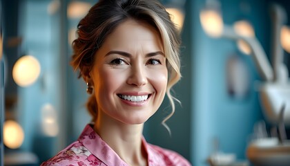 Radiant smile of a stylish middle-aged woman showcasing pristine teeth in an inviting dental clinic setting