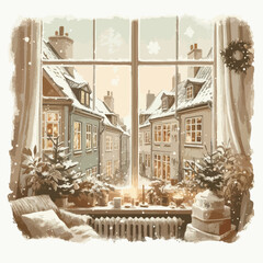 Wall Mural - Merry Christmas and happy new year watercolor poster. Cozy Christmas winter countryside landscape.