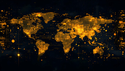 Poster - An artistic representation of the world map illuminated with golden lights, symbolizing global connectivity and technology.
