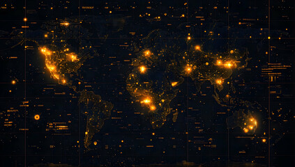 Poster - Illuminated world map showcasing interconnected cities and data points, symbolizing global communication and technology.