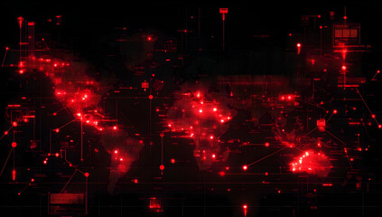 Poster - A digital map visualization showcasing interconnected data points in red hues, representing global networks and technology.