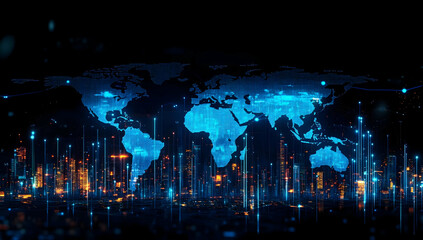 Poster - A vibrant digital representation of the world map, showcasing connections through glowing data points and technological elements.