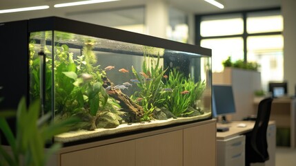 Large aquarium with exotic fish and plants as the centerpiece of a modern, minimalist office space, adding an element of nature.