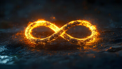 Poster - A vibrant, glowing infinity symbol illuminated in fiery orange against a dark background, representing endless possibilities.