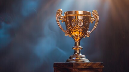 Golden Trophy on a Wooden Base with a Blurred Background