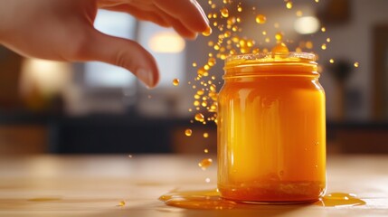 Wall Mural - A jar of honey with a hand reaching in to get some, AI