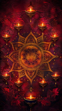 Elegant Diwali background featuring an intricate mandala pattern in vibrant shades of gold and deep red, embellished with glowing oil lamps and floral motifs. Oriental festival of lights. Ramadan