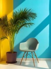 Canvas Print - Palm Tree and Chair in a Yellow and Blue Room