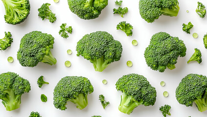 Fresh green broccoli arranged on a clean background, showcasing healthy vegetables perfect for cooking or salads.