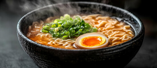 A steaming bowl of ramen with rich broth, tender noodles, green onion, and a perfectly cooked egg, ideal for comfort food lovers.