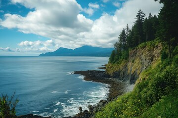 Poster - Rocky Coastline with Lush Green Forest and Blue Ocean