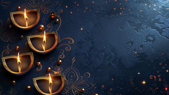 Elegant Diwali card design with a midnight blue background, embellished with intricate gold borders, glowing diya lamps, and subtle twinkling stars. Oriental festival of lights. Ramadan