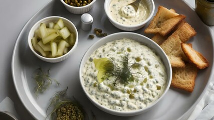 Tartar sauce in a ramekin with chopped pickles, dill, and capers around