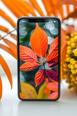 Wall Mural - Black Smartphone with Autumn Leaves Wallpaper