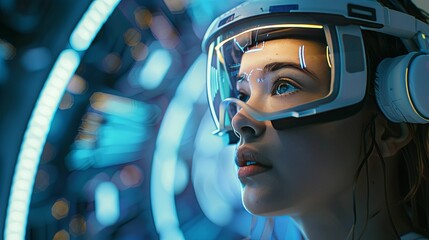 A young woman wearing a virtual reality headset and headphones, gazing into the distance