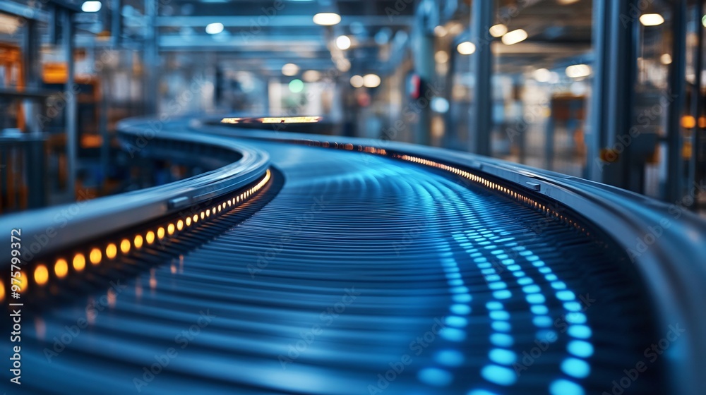 industrial automation close-up featuring a conveyor belt with a digital overlay, demonstrating how modern technology and digital elements are incorporated into manufacturing and production processes