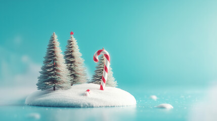 Miniature winter landscape with snow, trees, and a candy cane decoration