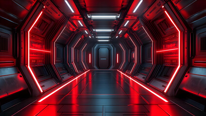 Poster - Futuristic corridor with red neon lights, sleek design, and metallic walls, perfect for sci-fi themes or tech visuals.