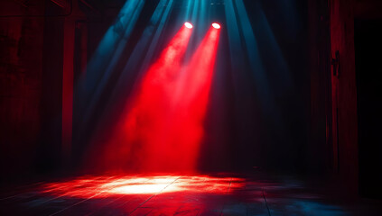 Poster - Dynamic stage lighting with red and blue beams illuminating a dramatic performance space.