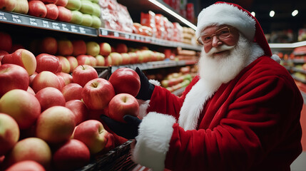 Santa Claus selecting apples in a grocery store. Smiling Santa in a festive mood, promoting healthy and eco-friendly lifestyle choices.
