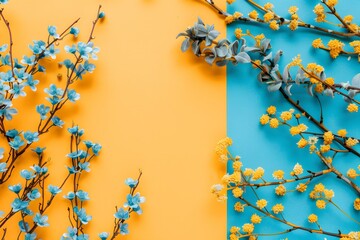 Wall Mural - Blue and Yellow Flowers on a Yellow and Blue Background