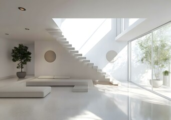 Minimalist White Interior Design with Staircase and Sunlight