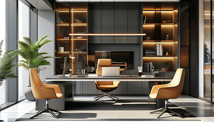 Modern and cozy office design featuring stylish furniture and technology