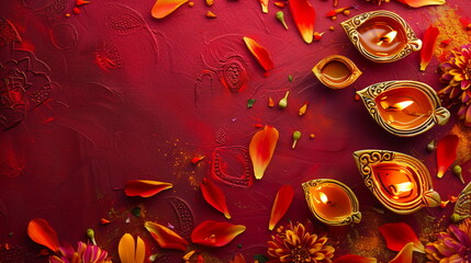 Traditional Diwali celebration background with a rich red surface, featuring ornate golden motifs, shimmering oil lamps, and a scattering of colorful flower petals. Oriental festival of lights Ramadan