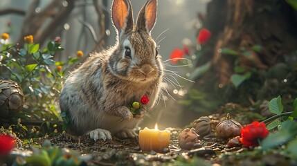 Poster - Cute Rabbit Holding a Rose in a Magical Forest