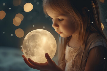 little girl holding luminous moon in her hands at night