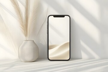 Minimalist Smartphone Mockup with Dried Flowers and White Background