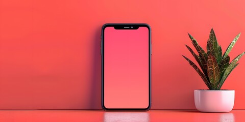 Minimalist Phone Mockup With Red Gradient Background And Plant