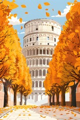 Wall Mural - Autumn Leaves Falling Around the Leaning Tower of Pisa