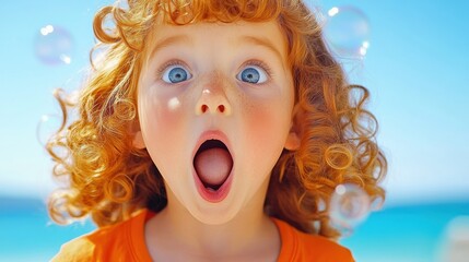 Canvas Print - A close up of a little girl with bubbles coming out her mouth, AI