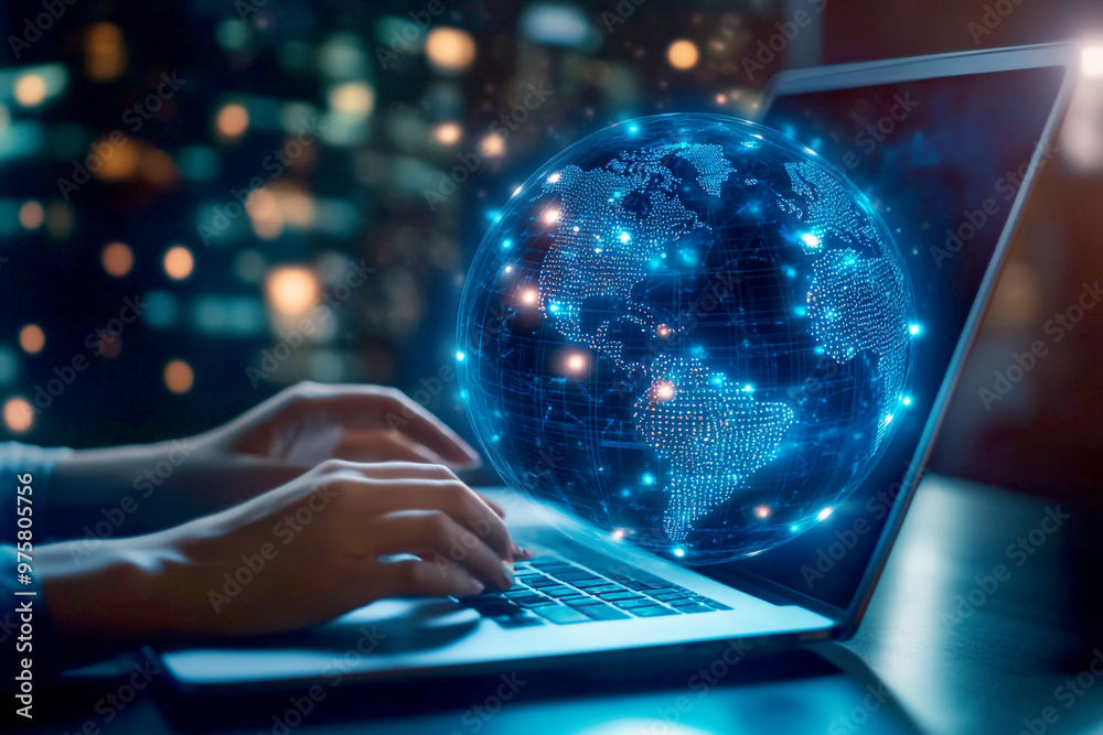 Hands typing on a keyboard with a digital globe of Earth displayed on ...