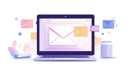 Aufkleber - Corporate email list interface design on a laptop screen, featuring geometric envelope icons and a clean, organized layout.
