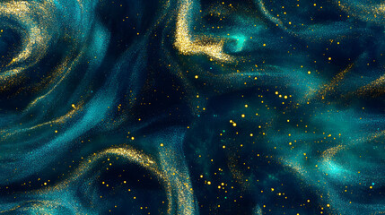 Abstract magic blue background with golden sparkles. Photo of a blue liquid with gold glitters and green tints. Various shades of green and blue with golden splashes and flows.