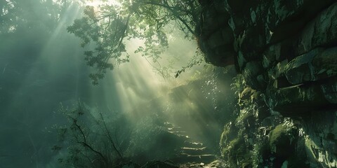 Wall Mural - Sunbeams Shining Through the Forest