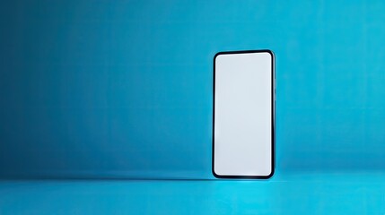 Poster - Modern smartphone with a blank white screen placed on a bold, bright blue studio background, ready for mockup.