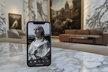 Wall Mural - Close Up of Smartphone Displaying a Statue