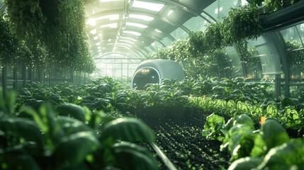 Modern urban farm using AI to manage crops and automate harvesting, providing a glimpse into the future of sustainable farming.