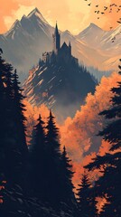 Wall Mural - Mountain Landscape with Church and Autumn Trees